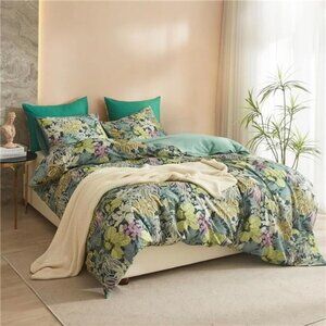 NEW Anthro Green Botanical Print Boho Queen / King Size Bedding Duvet & Sham Set